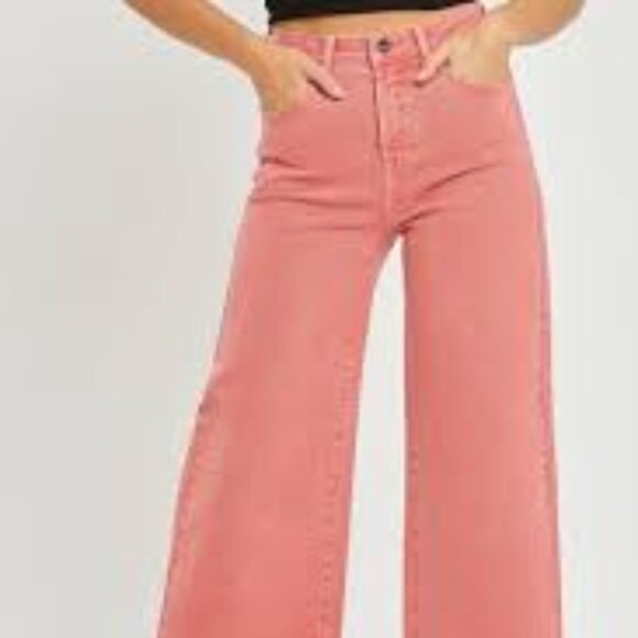 Risen Pink High Rise Wide Leg Frayed Hem Crop Palazzo Jeans Size 11/30 - Picture 13 of 14